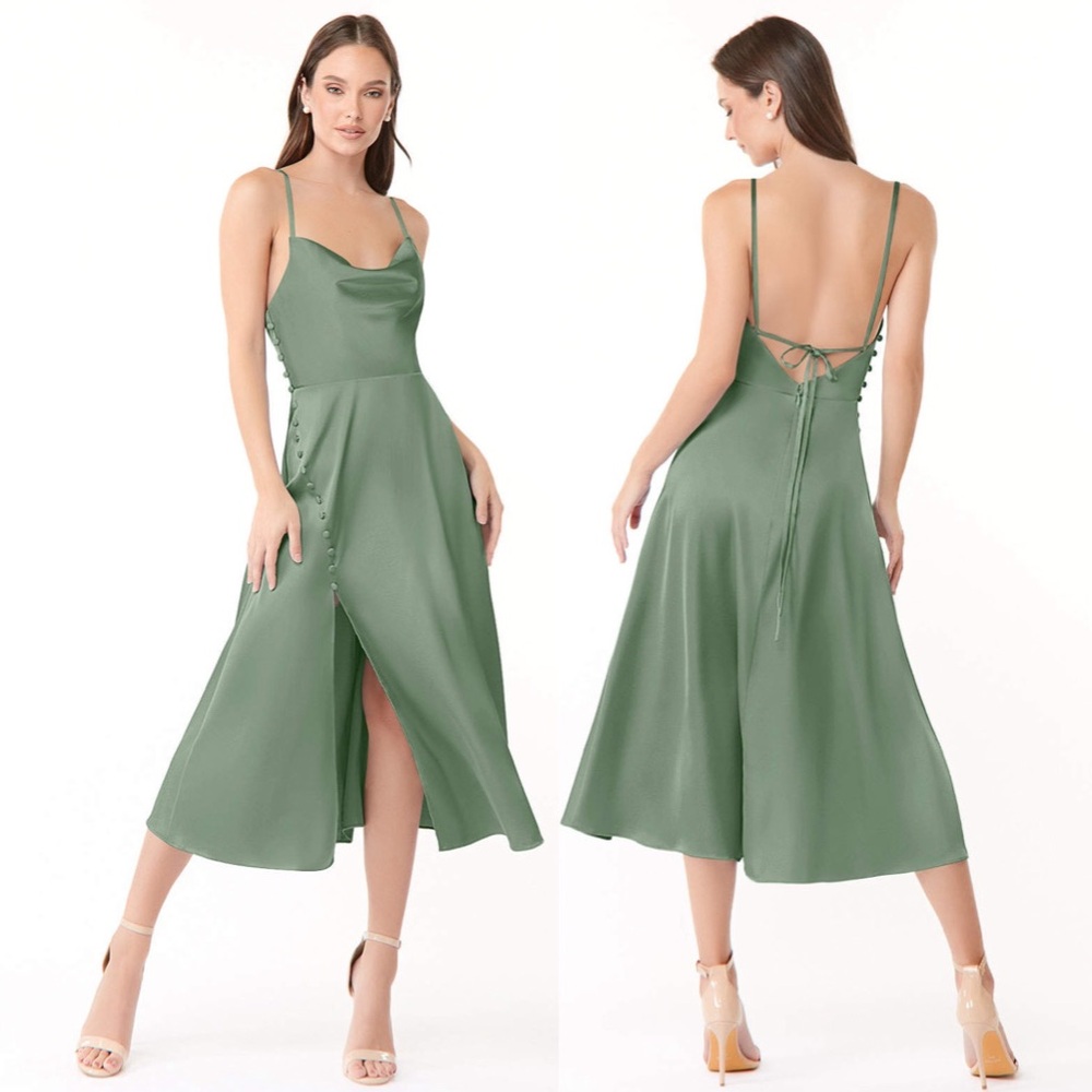 Azazie- Matcha Flowy Side Slit Stretch Satin Dress